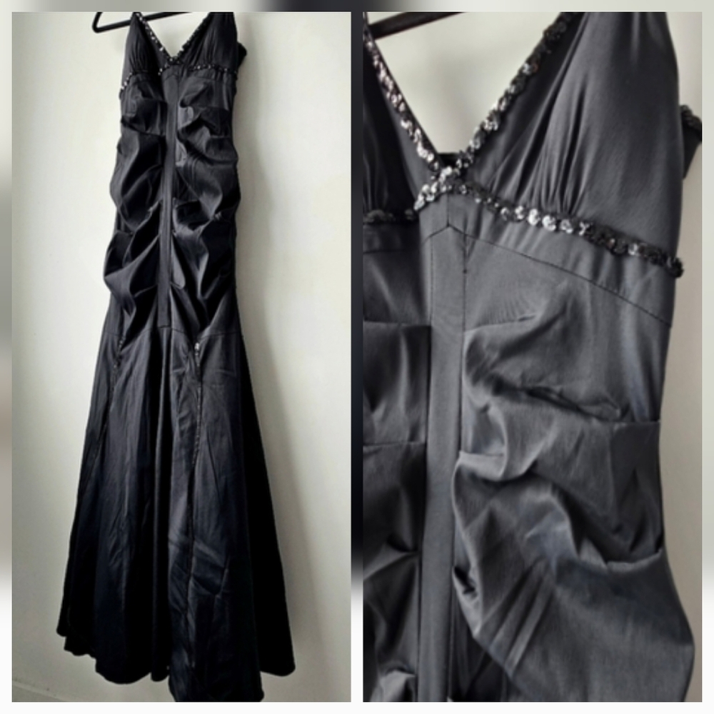 CACHE New Vintage Black Tulle Layered Cascade Scruched Ebellished Evening Gown